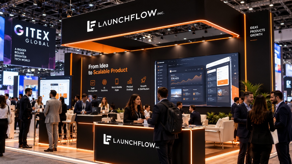 Launch Flow Inc. software engineering team, scalable SaaS product systems, and digital engineering exhibition booth at GITEX Global