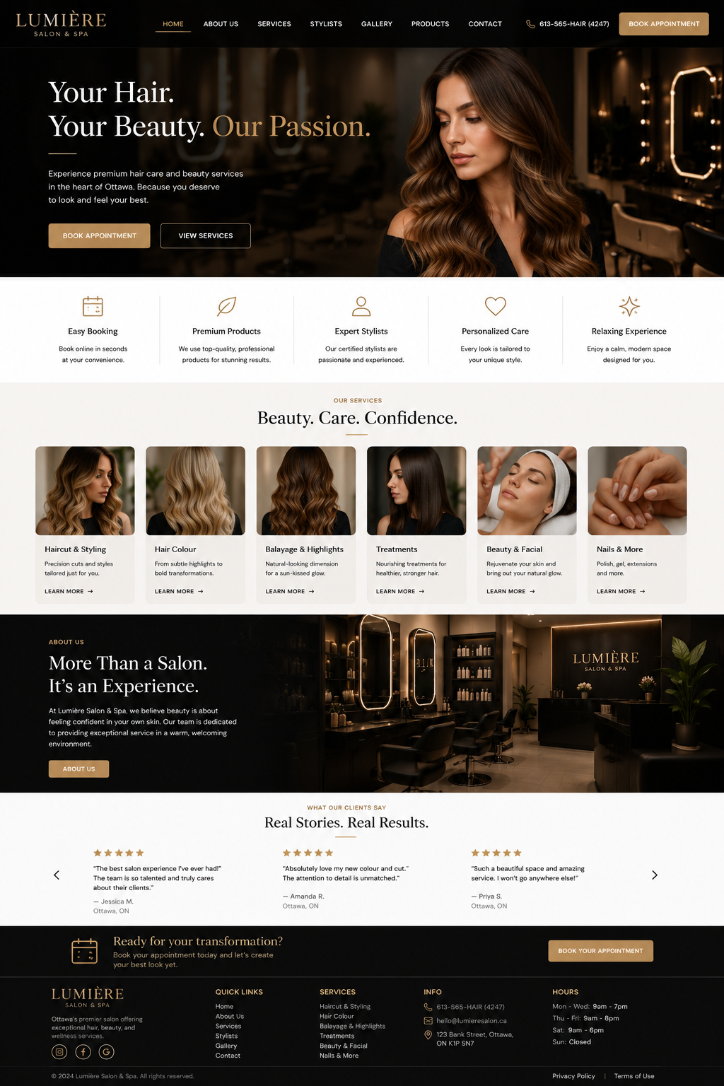 Lumière Salon & Spa Booking Hub — Ottawa website mockup